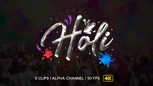 Happy Holi Animated Title with Paint Splatters and Alpha Channel