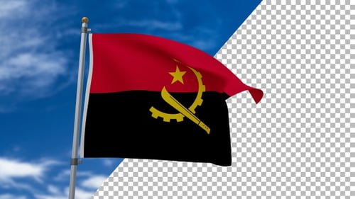 Waving Angola Flag on Pole with Blue Sky Background