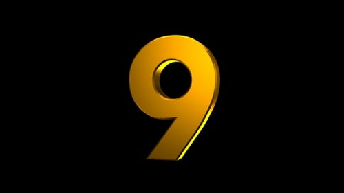 3D Golden Number 9 Rotating Seamlessly on Black Background