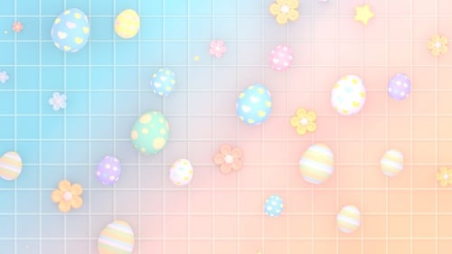Animated Easter Eggs and Flowers on Pastel Grid Background
