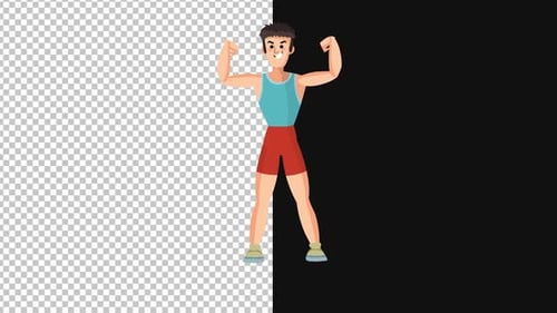 Animated Man Flexing Muscles in Flat Design Style