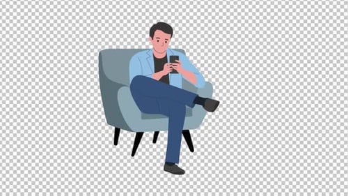 Animated Man Sitting on Chair Using Smartphone Flat Design