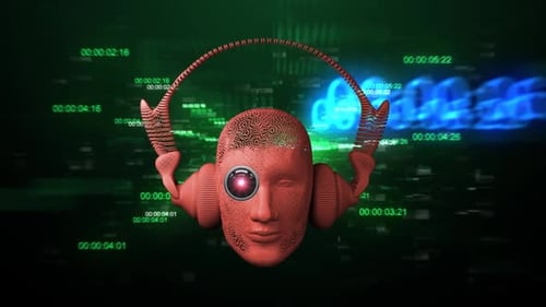 Futuristic Robotic Head with Headphones and Digital Matrix Background