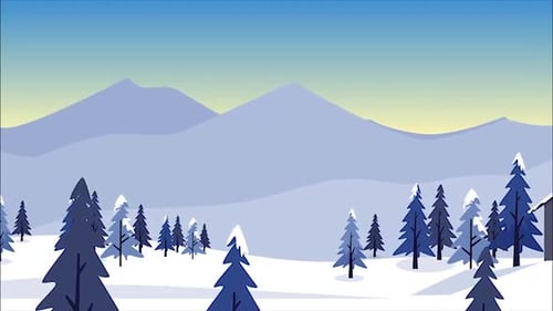 Animated Flat Design Winter Landscape with House Reveal