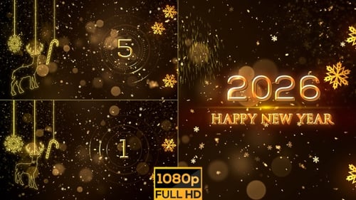 Golden Happy New Year Countdown with Festive Outline Elements