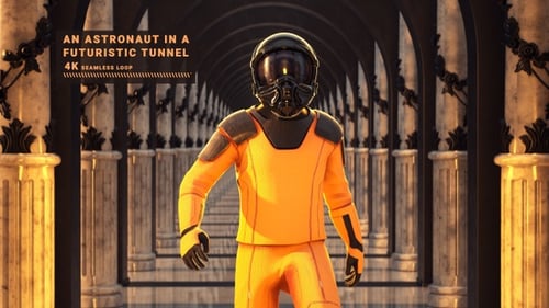 Futuristic Astronaut Walking Through Endless Classical Corridor Loop