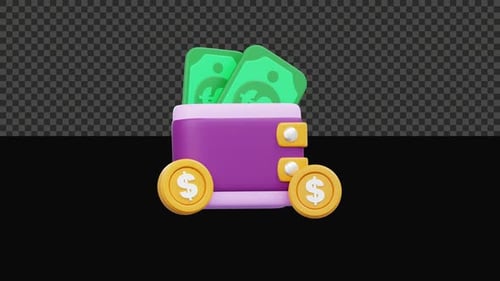 3D Money Wallet Animation Alpha Channel