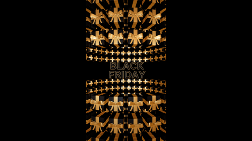 Vertical video golden flying black friday text with rotating gift boxes loop animation