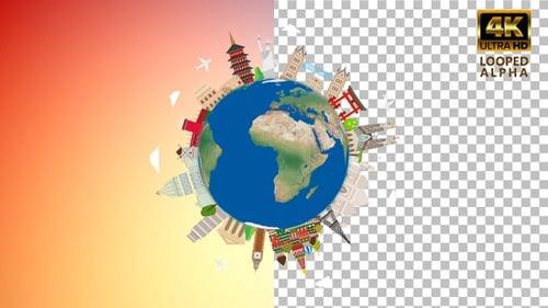 Animated Rotating Planet Earth with Famous Global Travel Landmarks