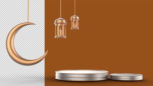 Elegant Golden Crescent Moon and Lanterns Podium Display for Islamic Holidays