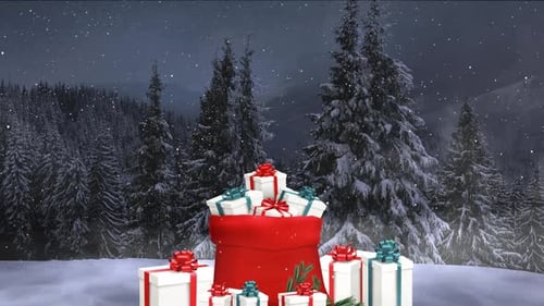 Festive Christmas Gifts in Snowy Forest with Falling Snow