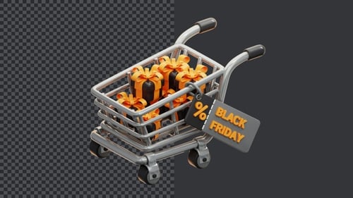Animated 3D Shopping Cart with Black Friday Sales and Gifts