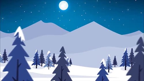 Winter Night Landscape Animation with Twinkling Stars and Moon