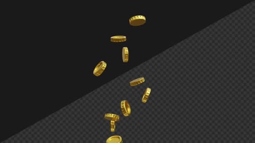 3D Gold Coins Flying Up And Falling Down Looping Animation with Transparent Background