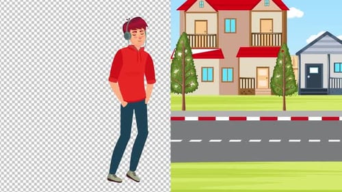 Animated Flat Design Man Walking with Headphones