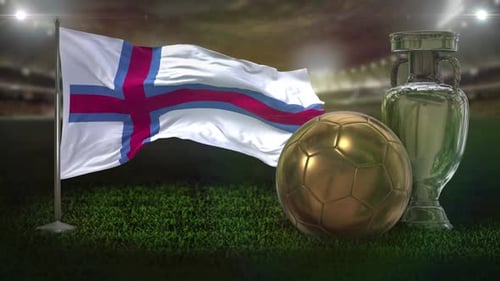 Faroe Islands Flag Waving with Football and Trophy in Stadium