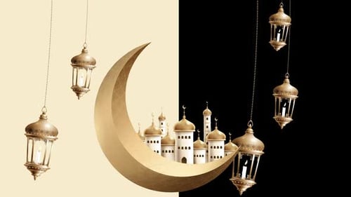 Golden Crescent Moon Mosque and Lanterns for Ramadan Eid Celebration