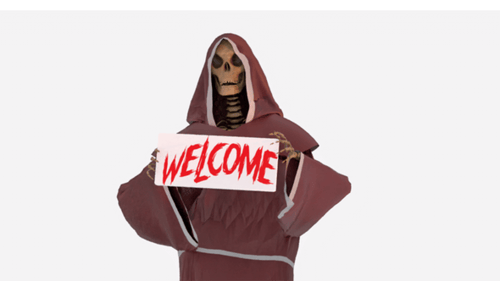 Grim Reaper Hold Welcome Placard