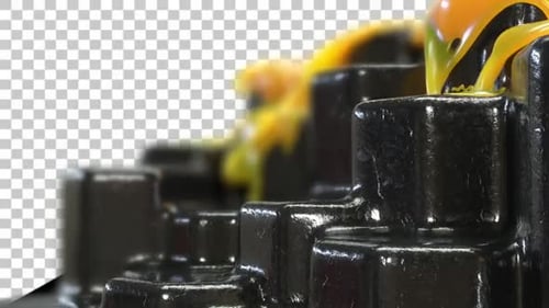 3D Fluid Golden Liquid Pouring Over Abstract Structures