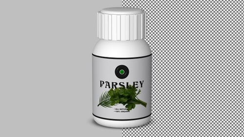 Parsley in clean white bottle rotates with transparency, smooth animation for culinary visuals