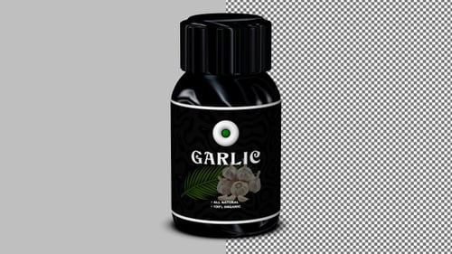 Garlic in sleek black bottle spins in smooth rotation with transparency, versatile for culinary use