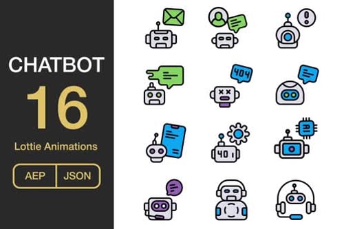 Flat Design Chatbot Technology Lottie Animated Icons Pack