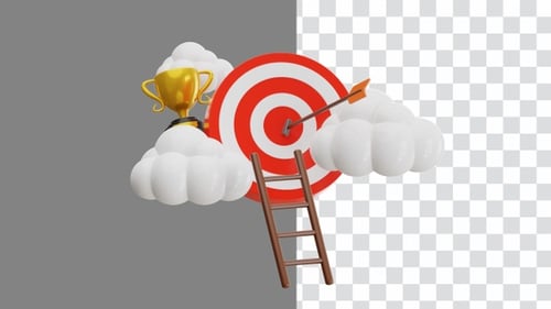 3D Animation of Achievement with Cloud, Stairs, Trophy, and Reached Target | Alpha Channel
