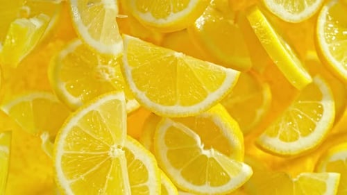 Super slow motion of flying lemon slices on black background. Filmed on high speed cinema camera