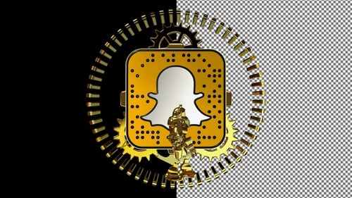 Logotipo giratório do Snapchat com mecanismo de relógio dourado e robô, canal alfa, exclusivo, renderização 3D