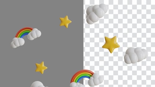3D Animation Overlay of Rainbow Clouds and Stars Flying in the Sky | Alpha Channel