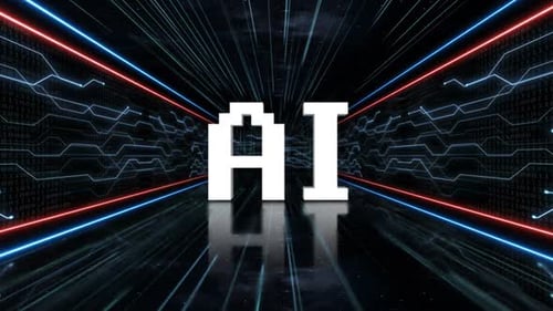 KI, künstliche Intelligenz, Text im Technikraum, Animation, auf dem Alpha-Kanal, geloopt