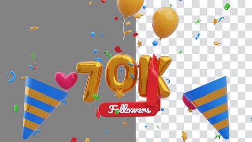 3D Animation of Thanks Followers 70K | Alpha Channel