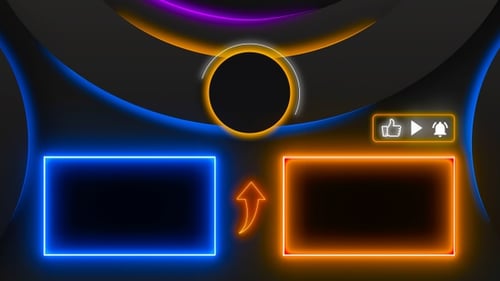 Blue and orange neon end screen. Subscribe button and outro for gaming and video channels