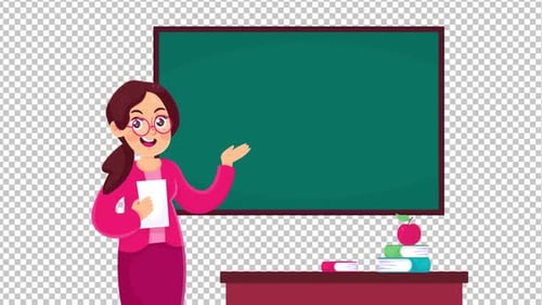 Flat Design Animated Teacher Explaining in Classroom with Blackboard