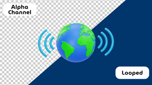 3D Globe with Wireless Signal Waves Animation | Alpha Channel