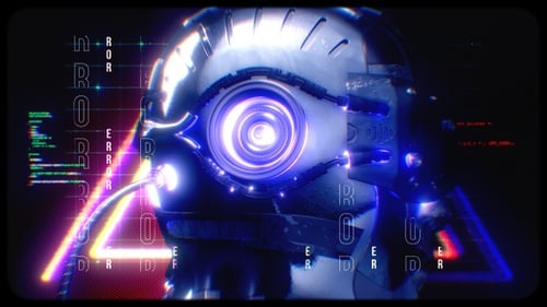 Cybernetic Robot Head with Glitch and Neon Effects