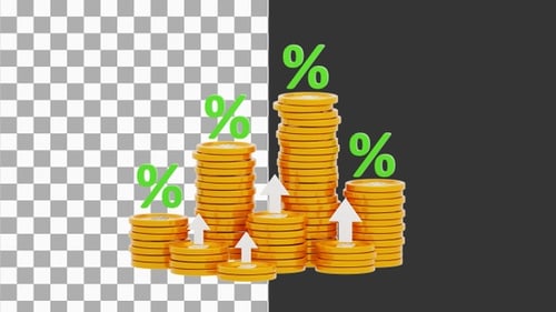 3D-анимация растущих процентных ставок с помощью стеков монет | Alpha Channel