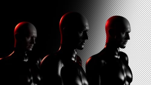 confident gait of a group of hypertonic robots or soldiers close-up animation