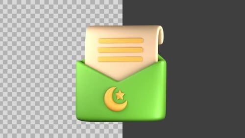 3D Green Envelope Icon with Islamic Star and Crescent Animation