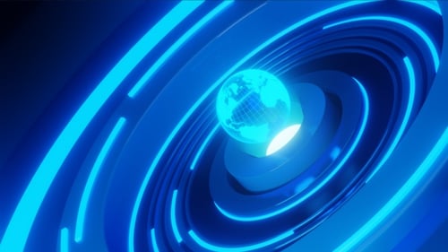 Futuristic Digital Globe with Blue Neon Rings Animation