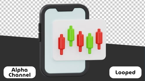 Mobile Trading App with Candlestick Chart 3D Animation | Alpha Channel
