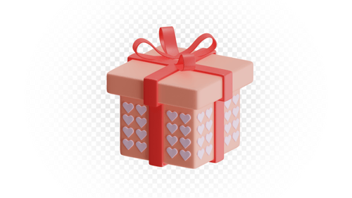 3D Rendered Pink Gift Box with Red Ribbon and Purple Heart Pattern
