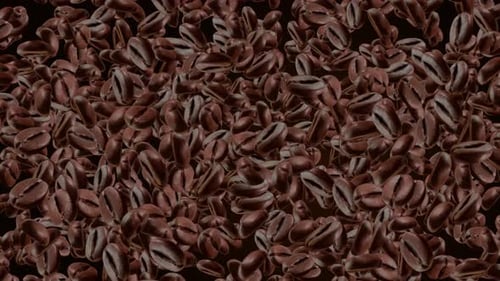 4K 3D Brown roasted coffee beans falling and flying on black loop background.