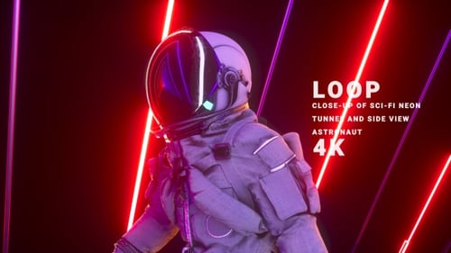 Close Up Of Sci Fi Neon Tunnel And Side View Astronaut
