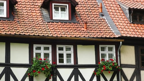 Residential buildings of medieval city in Europe. Traditional architecture half-timbered houses.