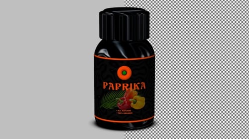 Paprika in stylish black bottle turning in loop with transparency, versatile for food graphics
