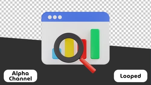 Animated 3D Browser Icon with Magnifying Glass and Bar Chart