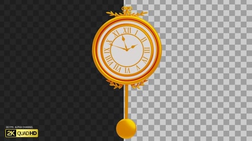 3D Classic Gold Pendulum Clock Ticking | Alpha Channel