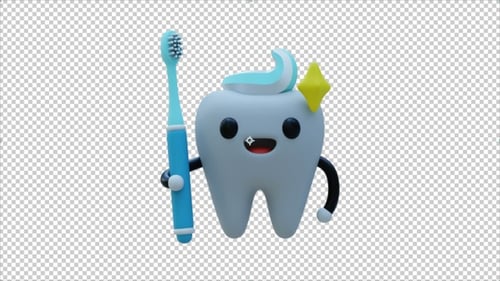 Happy Animated Tooth Character Holding Toothbrush and Toothpaste