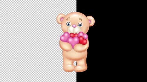 Cute Animated Teddy Bear Holding Hearts Loop